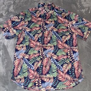 Tommy‎ Bahama Hawaiian Shirt Mens L Blue Leaf Print Floral Tortola Beach
